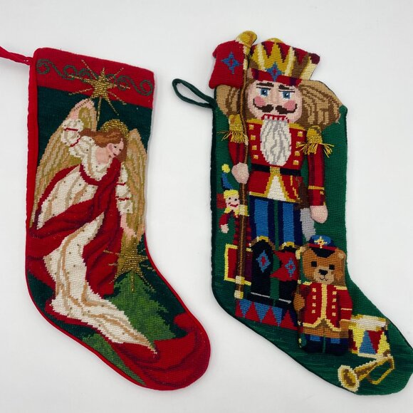 Vintage Christmas Stockings Needlework Nutcracker Angel Velvet Set of Two Decor - Picture 1 of 16